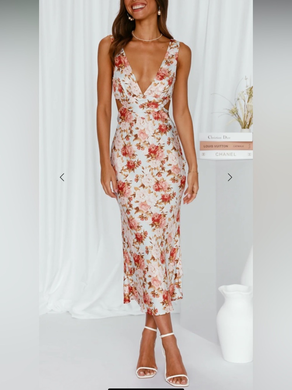 Hello Molly Cream Floral Midi Dress with Pink & Red Blooms